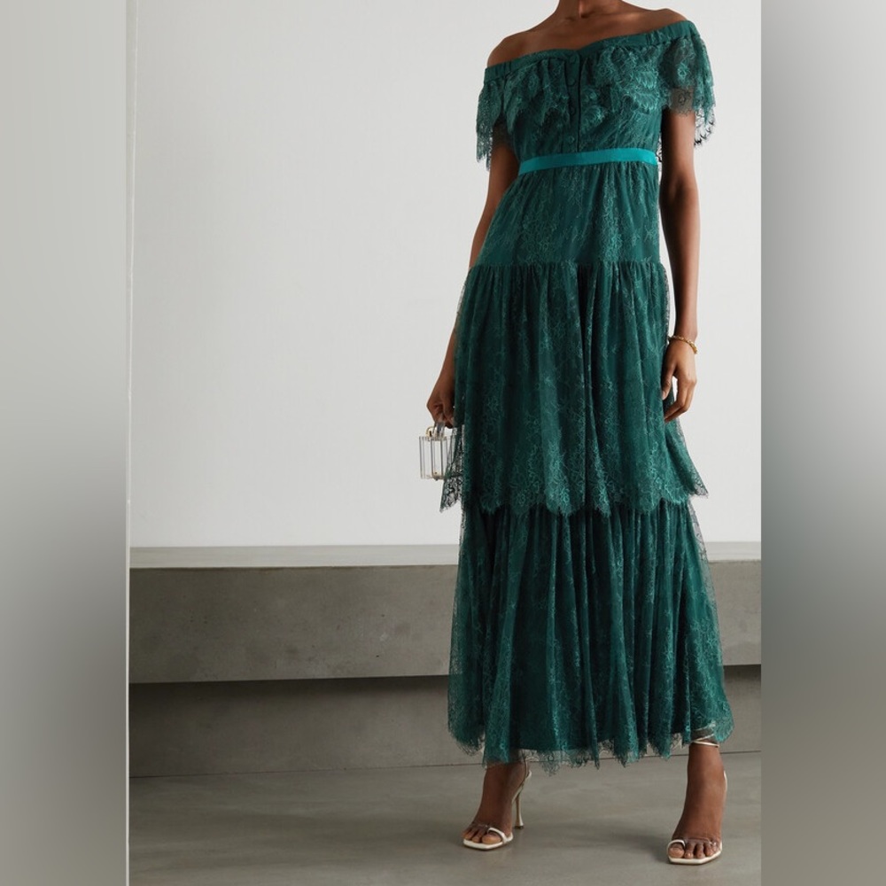 Self Portrait Off The Shoulder Tiered Lace Maxi Dress In Emerald Green